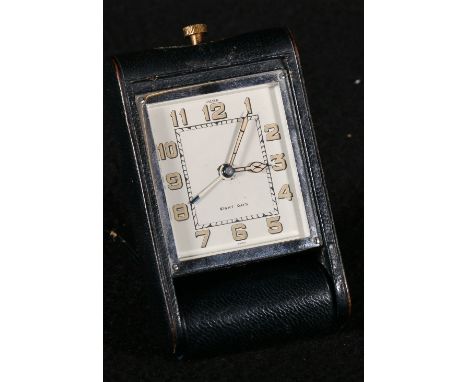 Jaeger black leather cased folding travel clock, 9cm.