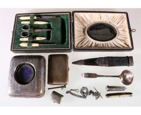 George III silver toddy ladle, Edinburgh 1808, a watch holder, a small frame, a cigarette case and other items