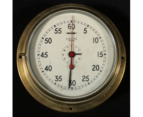 Smith's Astrall brass bulkhead clock, with centre hours, 27cm.