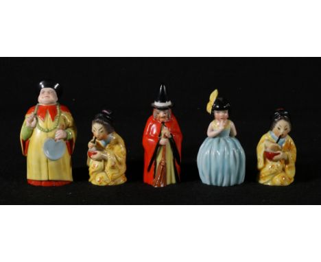 Five Royal Worcester figural candle-snuffers, 9cm. CONDITION REPORT: Wizard has two 1mm chips to rim of baseChinaman badly ch