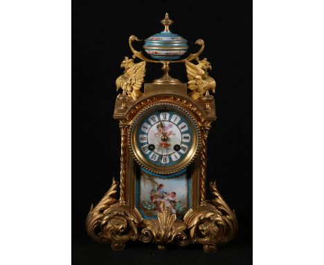 19th century French ormolu porcelain mantel clock, the bleu celeste panels with cherubs and gallants, the Japy Freres movemen