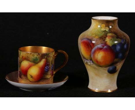 Royal Worcester coffee can and saucers, decorated with fruit and signed A Shuck and H Ayton, 6cm together with a posy vase de