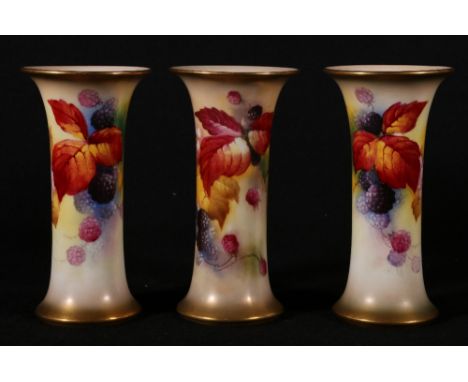 Set of three Royal Worcester vases, with Autumn fruits by K Blake, G323, 15.5cm. CONDITION REPORT: All three in good conditio