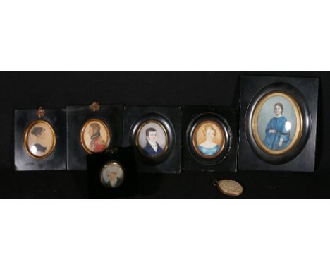 Group of six 19th century watercolour miniature portraits and a miniature portrait frame. (7)