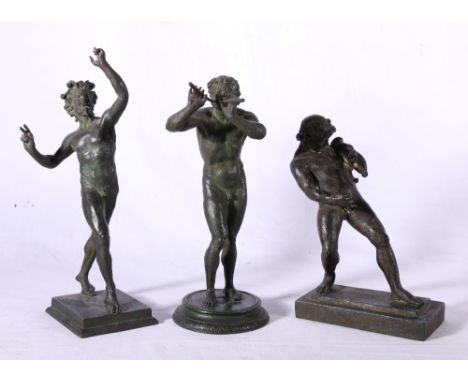 Three early 20th century classical bronzes of a fawn, flute player and a Roman God, largest, 31cm. CONDITION REPORT: Standing