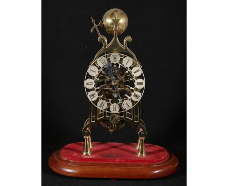 Early 20th century French brass single fusee skeleton clock, on mahognay plinth. 36cm.