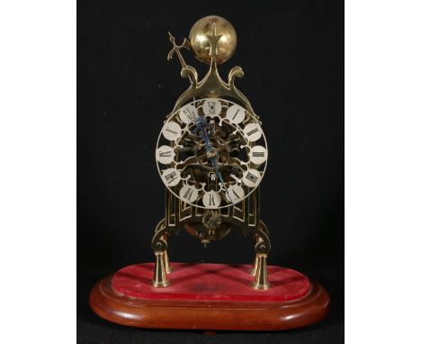 Early 20th century French brass single fusee skeleton clock, on mahognay plinth. 36cm.