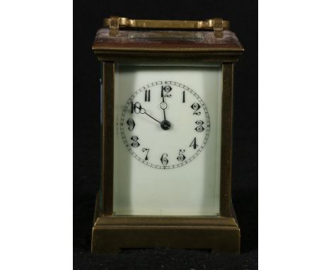 French brass carriage clock, with enamel dial and silvered platform escapement, 15cm.
