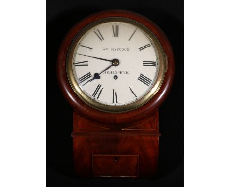 Regency style brass inlaid mahogany drop dial clock, maker Wm Haycock of Ashbourne, with fusee movement numbered '2.820', 40c