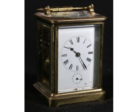 French brass repeating carriage clock, the enamel dial with alarm indicator, the movement with silvered platform escapement a