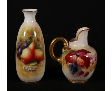 Royal Worcester helmet shaped vase, decorated with Autumn fruit, signed K Blake, 11cm and a slender vase with pears and grape