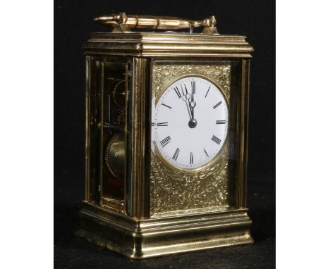 French brass repeated carriage clock, with floral engraved dial plate, platform escapement, 17.5cm. Backplate stamped 10944 C