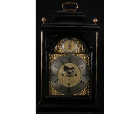 George III ebonised bracket clock, the dial with strike/silent and silvered chapter and date aperture, the backplate engraved