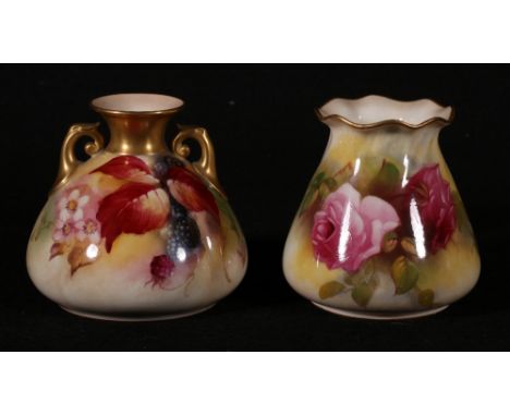 Royal Worcester Autumn fruit vase, signed K Blake, 8.5cm and another rose decorated vase, signed M Hunt, 8cm. (2) CONDITION R