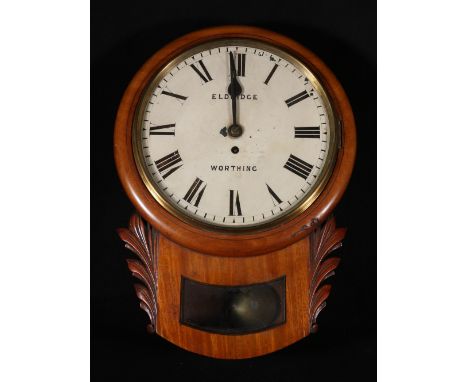 Victorian mahogany drop dial clock, maker Eldridge of Worthing, with fusee  movement. CONDITION REPORT: Over cleaned and rest