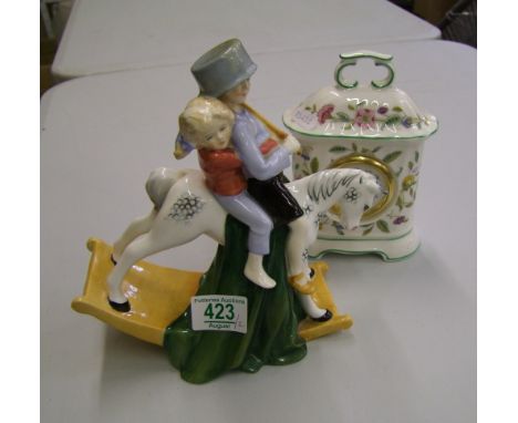 Royal Doulton figure Hold Tight HN3298 and small Miunton Haddon Hall mantle clock(2)