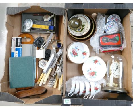 A mixed collection of items to included Royal Ascot part teaset, domed mantle clock, Cutlery, wooden rulers etc (2 trays)