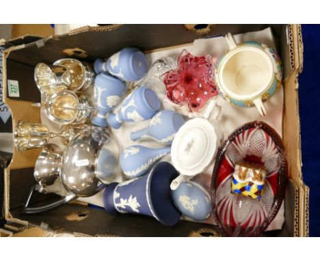 A mixed collection of items to include silver plated teapot set, Wedgwood jasperware items, glassware etc