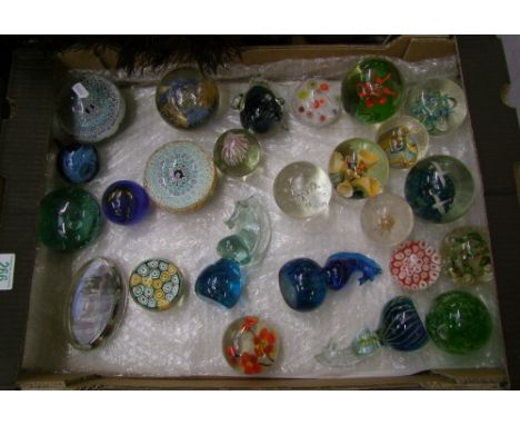 A collection of Caithness and other branded glass paperweights including date cored Millefiori items,  chess pieces etc (23)