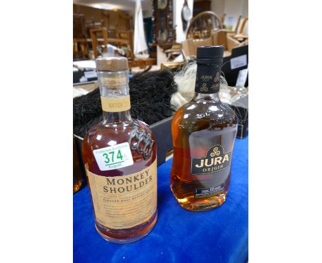 A 70cl bottle of Monkey Shoulder blended malt scotch whiskey together with a 70cl bottle of Jura Origin 10yr single malt scot