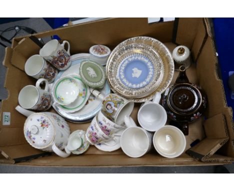 A mixed collection of items including Minton Marlow patterned teapot, commerative items, Royal Harvey part dinner set etc