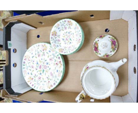 Minton Haddon Hall dinner plates  X5 and similar fruit bowls x 6.. damaged teapot