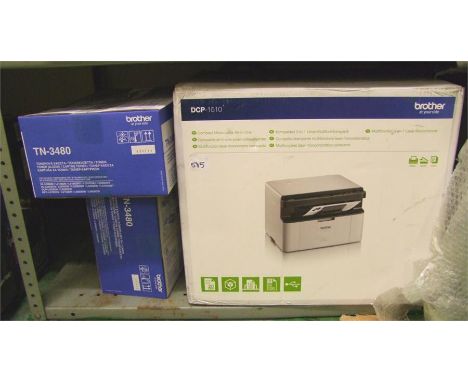 Brother compact mono laser all in one printer with Brother toner......This lot is either a catalog return, unclaimed good or 