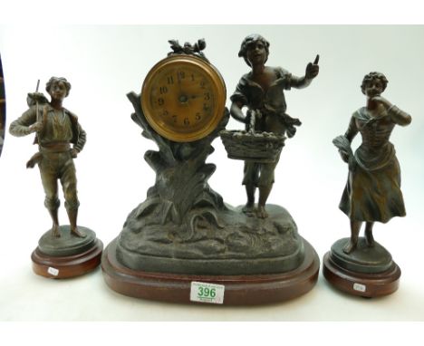 Bronzed cast metal figures together with similar large mantle clock