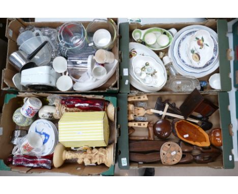 A mixed collection of items to include wooden figures, Spode miniatures etc (4 trays). 