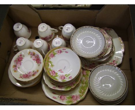 A mixed collection of teaware to inlude Rosina, Melba,Gainsborough and Royal Tuscan branded part tea sets(2 trays)