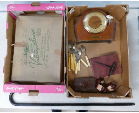 Mixed collection of items to include vintage night gown, oak mantle clock, early corkscrew, silver tipped walking cane (3 tra