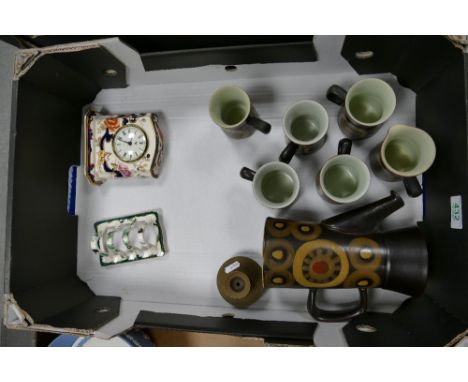 A mixed collection of items including Masons Blue Mandalay mantle clock, similar toast rack and  mid century earthenware coff