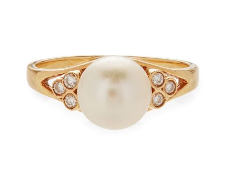 set with a single cultured pearl, each shoulder collet set with three round brilliant-cut diamonds, the shank stamped 850; to