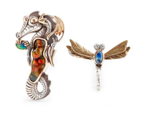 modelled in silver as a stylised seahorse with gilt detail, collet set with a fire agate and a small black opal, stamped GE.9