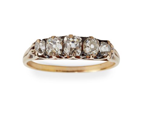 claw set with five graduated cushion-cut diamonds, to a plain white metal shank(Ring size: Q/R)