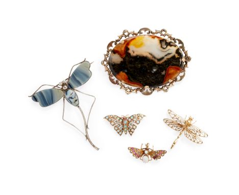 to include an opal, garnet and pearl set butterfly brooch, stamped 9ct; a 9ct gold opal set butterfly brooch, and a 9ct gold 