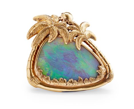 of rounded triangular outline, the black opal in a stylised palm tree surround, stamped CE 93 20k to reverse(Width: 3.6cm)