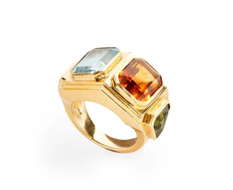collet set with a step-cut citrine and aquamarine, each shoulder set with a triangular-cut green tourmaline, to a plain shank