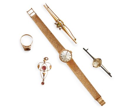 including a lady's 9ct gold Tissot wrist watch; a 9ct gold citrine set ring; a peridot and seed pearl set bar brooch, stamped