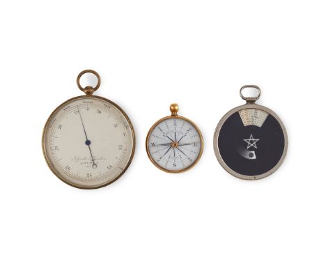 the barometer, signed and numbered 845, silvered dial, blued hand, plain brass case and in a leather outer case; the compass 