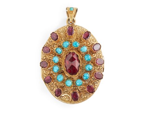 of oval outline with applied garnet and turquoise detail, the reverse with black enamel 'Andenken' detail, two glazed panels 