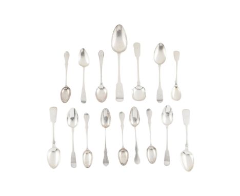 to include Aberdeen, a sugar shovel, Peter Gill, of Fiddle pattern; a set of six 18th century small teaspoons, indistinct mak