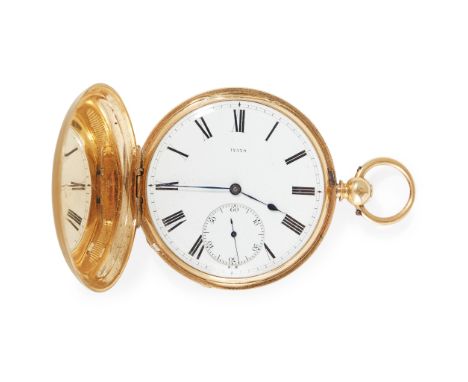 Full hunter key wind example, the round white enamel dial with 17579 below 12, Roman numerals in black, sunken small seconds 