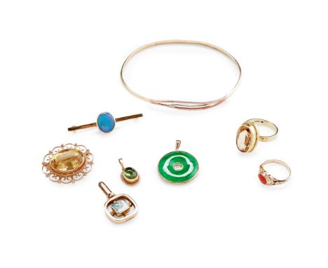 to include a 9ct gold bangle, a 9ct gold opal set bar brooch; a 9ct gold citrine set cocktail ring and a 9ct gold citrine bro