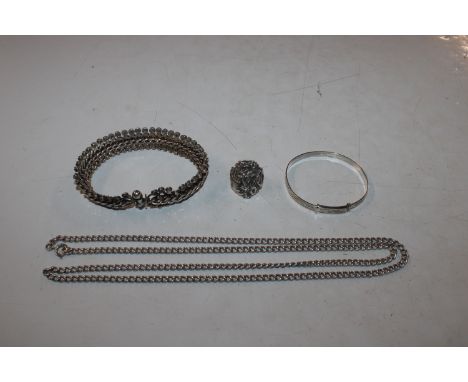 A sterling silver necklace, 29.5gms, a white metal bracelet, a white metal ring and a children's silver bangle