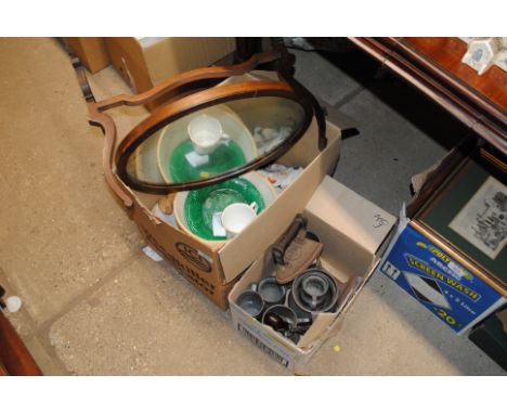 Two boxes containing various pewter tankards; kitchenalia to include leaf plates and a mahogany swing framed mirror AF