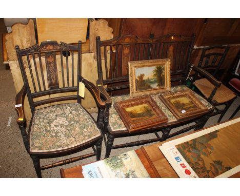 An Edwardian salon sofa and matching arm chair; together with a string seated chair