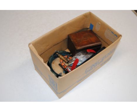 A box containing a technical drawing set; vintage and other buttons; various bead necklaces etc.