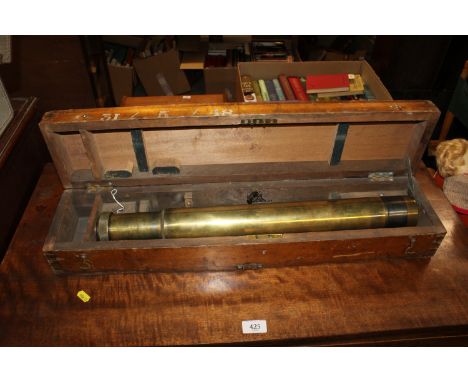 A WWI 1918 dated brass Royal Navy telescope gun site in wooden storage box
