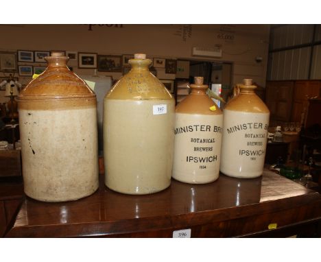 Four stoneware flagons from Tollemarches, Ipswich Brewery, Sutton Carden & Co and Minister Bros. Botanical Brewers Ipswich 19